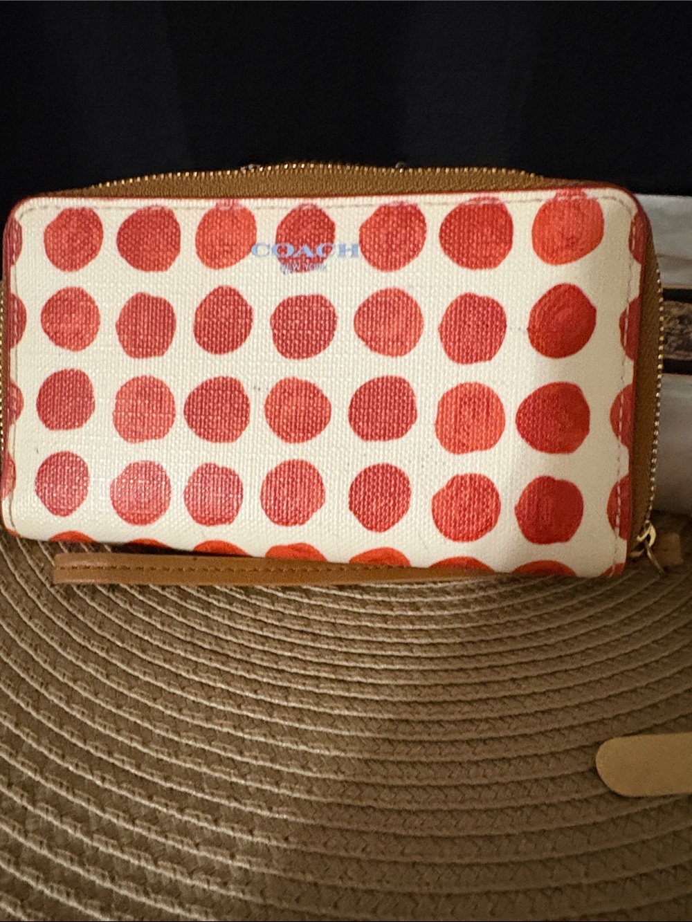 Coach Cream Wallet with Red Polka Dots and Tan Trim